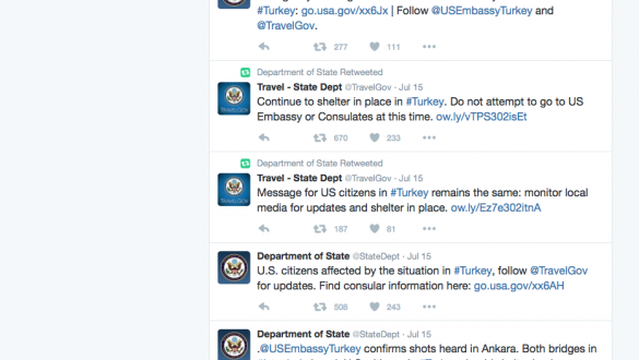 Real time State Department tweets of attacks going on in Turkey as we were talking with Chase and partners about Trip Cancellation and Trip Interruption coverage.