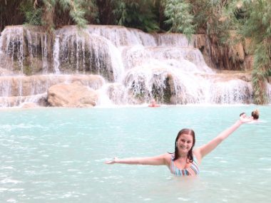 Kuang Si waterfall with teen