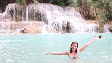 Kuang Si waterfall with teen