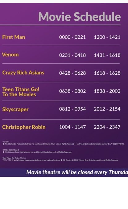 Movie schedule from Changi airport