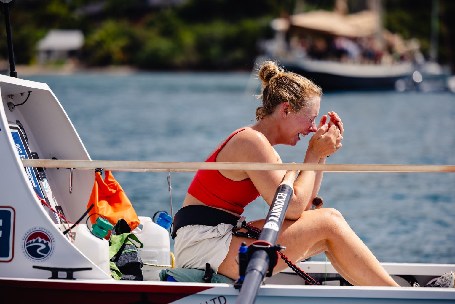 Taryn Smith weeps as she crosses the finish line in the World's Toughest Row