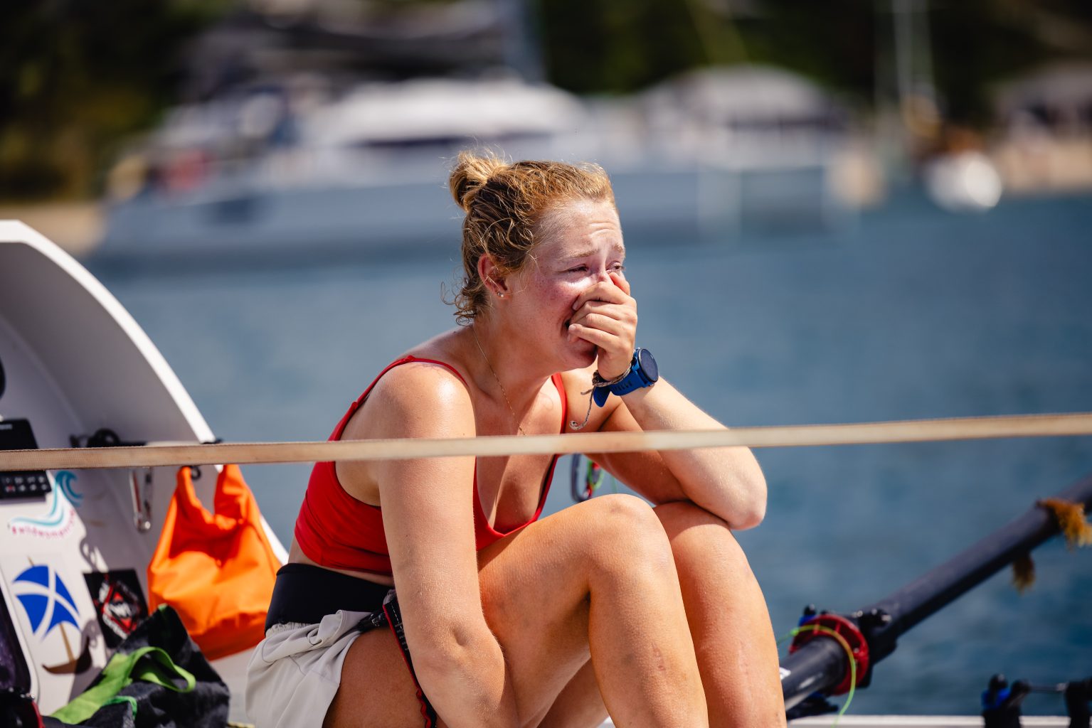 Taryn Smith crosses the finish line in the World's Toughest Row